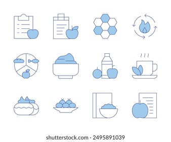 Nutrition icons. Line Duotone style, editable stroke. nutrition, metabolism, feeding, cake, cereal, croquette, hive, mascarpone, coca tea, diet.