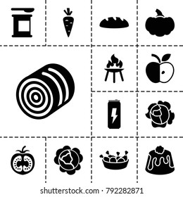 Nutrition icons. set of 13 editable filled nutrition icons such as hay, cabbage, chicken leg, pie, protein powder, bbq, carrot, bread, pumpkin, apple