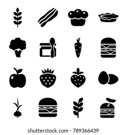Nutrition icons. set of 16 editable filled nutrition icons such as wheat, carrot, burger with sausage, cheeseburger, double burger, pie, strawberry, bacon, apple, egg, onion