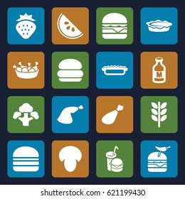 Nutrition icons set. set of 16 nutrition filled icons such as mushroom, strawberry, chicken leg, burger with pepper, cheeseburger, burger, pie, meat leg, burger and drink