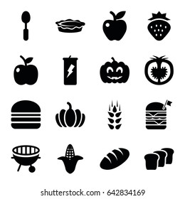 Nutrition icons set. set of 16 nutrition filled icons such as wheat, strawberry, corn, bread, double burger with flag, burger, pie, spoon, apple, pumpkin, tomato