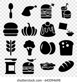 Nutrition icons set. set of 16 nutrition filled icons such as egg, cauliflower, bread, double burger with flag, burger with pepper, pie, meat leg, spoon, pumpkin, cereal