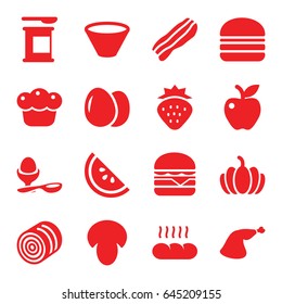 Nutrition icons set. set of 16 nutrition filled icons such as egg, mushroom, hay, strawberry, cheeseburger, burger, boiled egg, meat leg, apple, pumpkin, pie, bacon, bread