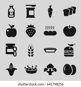 Nutrition icons set. set of 16 nutrition filled icons such as wheat, egg, strawberry, carrot, apple, corn, baby food, chicken leg, burger with pepper, broccoli, milk, pie