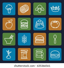 Nutrition icons set. set of 16 nutrition outline icons such as wheat, hay, onion, apple, cauliflower, baby food, asian food, chicken leg, double burger, cheeseburger, pie