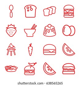 Nutrition icons set. set of 16 nutrition outline icons such as egg, strawberry, carrot, asian food, burger with pepper, double burger, cheeseburger, pie, spoon, bread, burger