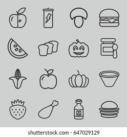 Nutrition icons set. set of 16 nutrition outline icons such as mushroom, corn, baby food, burger, cheeseburger, meat leg, strawberry, pumpkin, apple, milk, pumpkin haloween