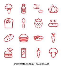 Nutrition icons set. set of 16 nutrition outline icons such as mushroom, carrot, cauliflower, bread, burger, burger with sausage, pie, spoon, strawberry, pumpkin, milk, cereal