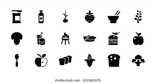 Nutrition icons. set of 18 editable filled nutrition icons: mushroom, corn, bread, asian food, burger with pepper, pie, burger and drink, spoon, protein powder, broccoli