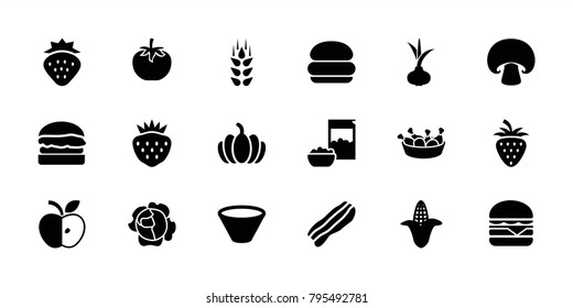 Nutrition icons. set of 18 editable filled nutrition icons: wheat, strawberry, onion, corn, burger, chicken leg, cheeseburger, pumpkin, bacon, bowl, mushroom, cabbage, apple