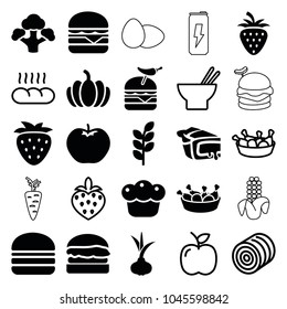 Nutrition icons. set of 25 editable filled and outline nutrition icons such as onion, apple, chicken leg, burger with pepper, cheeseburger, burger, pie, pumpkin, broccoli, hay