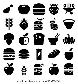 Nutrition icons set. set of 25 nutrition filled icons such as wheat, mushroom, apple, bread, burger, asian food, double burger with flag, burger with pepper, meat leg