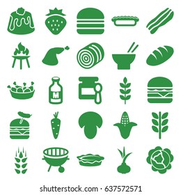 Nutrition icons set. set of 25 nutrition filled icons such as wheat, mushroom, hay, strawberry, onion, carrot, cabbage, corn, bread, baby food, asian food, chicken leg