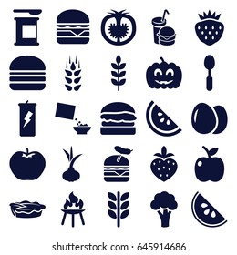 Nutrition icons set. set of 25 nutrition filled icons such as wheat, egg, onion, apple, cauliflower, burger with sausage, cheeseburger, burger, pie, burger and drink, spoon