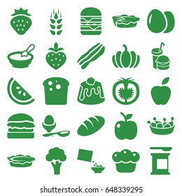 Nutrition icons set. set of 25 nutrition filled icons such as wheat, egg, strawberry, cauliflower, bread, porridge, chicken leg, double burger, pie, boiled egg