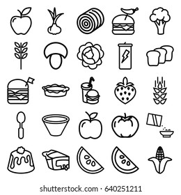 Nutrition icons set. set of 25 nutrition outline icons such as wheat, mushroom, hay, onion, cabbage, apple, cauliflower, corn, double burger with flag, burger with pepper, pie