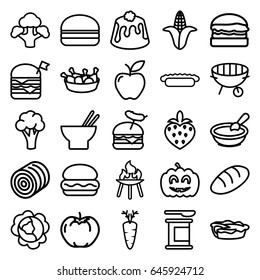 Nutrition icons set. set of 25 nutrition outline icons such as hay, cabbage, apple, cauliflower, corn, bread, porridge, asian food, chicken leg, double burger with flag