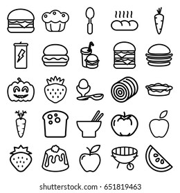 Nutrition icons set. set of 25 nutrition outline icons such as hay, strawberry, carrot, apple, burger, asian food, cheeseburger, double burger, pie, boiled egg
