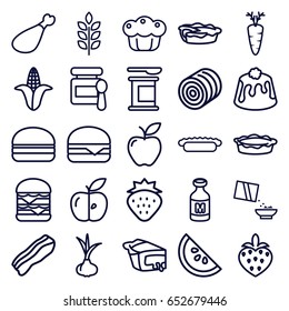 Nutrition icons set. set of 25 nutrition outline icons such as wheat, hay, strawberry, onion, corn, baby food, double burger, cheeseburger, burger, pie, meat leg, apple