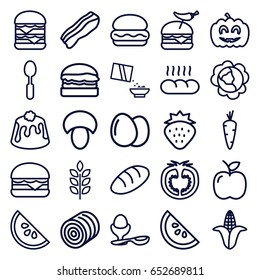 Nutrition icons set. set of 25 nutrition outline icons such as wheat, egg, mushroom, hay, strawberry, carrot, cabbage, corn, bread, burger with pepper, cheeseburger