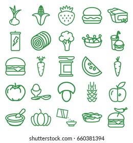Nutrition icons set. set of 25 nutrition outline icons such as wheat, mushroom, hay, onion, carrot, apple, cauliflower, corn, porridge, chicken leg, burger with pepper