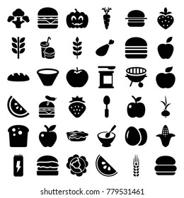 Nutrition icons. set of 36 editable filled nutrition icons such as wheat, egg, strawberry, cabbage, apple, corn, bread, burger, burger with sausage, cheeseburger, pie