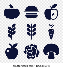 Nutrition icons. set of 9 editable filled nutrition icons such as wheat, apple, mushroom, cabbage, burger, pumpkin