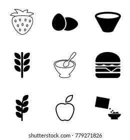 Nutrition icons. set of 9 editable filled and outline nutrition icons such as wheat, cheeseburger, cereal, bowl, apple, egg, strawberry
