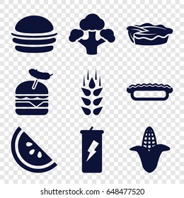 Nutrition icons set. set of 9 nutrition filled icons such as wheat, corn, burger, burger with sausage, pie, broccoli, watermelon