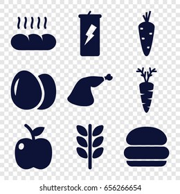 Nutrition icons set. set of 9 nutrition filled icons such as egg, carrot, meat leg, bread, apple, wheat, burger
