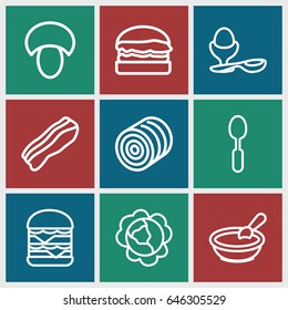 Nutrition icons set. set of 9 nutrition outline icons such as mushroom, hay, cabbage, porridge, double burger, boiled egg, spoon, bacon