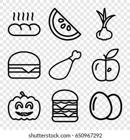 Nutrition icons set. set of 9 nutrition outline icons such as egg, onion, double burger, cheeseburger, meat leg, apple, pumpkin haloween, bread