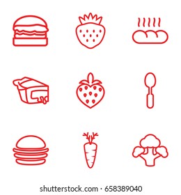 Nutrition icons set. set of 9 nutrition outline icons such as burger, pie, spoon, strawberry, carrot, broccoli