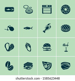 Nutrition icons set with coffee beans, lobster, burger and other barbecue elements. Isolated vector illustration nutrition icons.