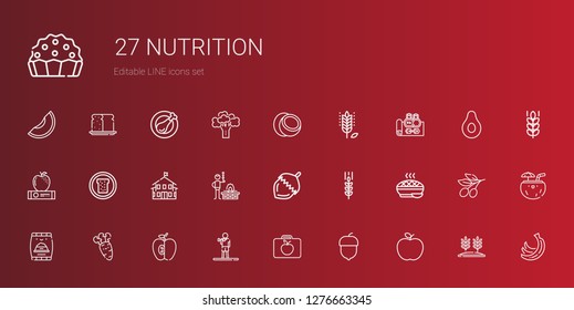 nutrition icons set. Collection of nutrition with apple, hazelnut, lunchbox, exercise, carrot, pet food, pie, wheat, nut, bbq, kindergarten. Editable and scalable nutrition icons.