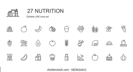 nutrition icons set. Collection of nutrition with apple, loss, milk, muffin, melon, cat food, lemon, chicken leg, wheat, plum, banana, mushroom. Editable and scalable nutrition icons.