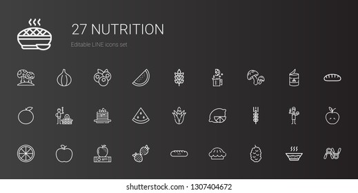 nutrition icons set. Collection of nutrition with berry, pie, baguettes, strawberry, apple, orange, wheat, lemon, corn, watermelon, pancakes. Editable and scalable nutrition icons.