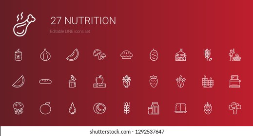 nutrition icons set. Collection of nutrition with bread, milk, wheat, coconut, pear, orange, muffin, corn, strawberry, apple, lime, baguettes. Editable and scalable nutrition icons.