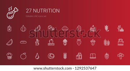 nutrition icons set. Collection of nutrition with bread, milk, wheat, coconut, pear, orange, muffin, corn, strawberry, apple, lime, baguettes. Editable and scalable nutrition icons.