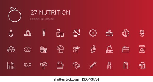 nutrition icons set. Collection of nutrition with lime, cereal, mushroom, toaster, broccoli, watermelon, loss, apple, papaya, olive, wheat. Editable and scalable nutrition icons.