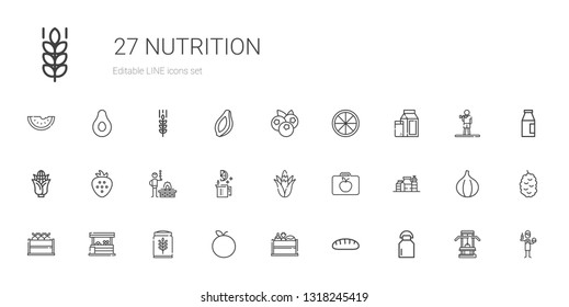nutrition icons set. Collection of nutrition with milk, bread, vegetable, tangerine, wheat, vegetables, fruit, proteins, lunchbox, corn. Editable and scalable nutrition icons.