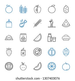 nutrition icons set. Collection of nutrition with peach, orange, melon, apple, bread, strawberry, watermelon, chicken leg, peas, pie, milk. Editable and scalable nutrition icons.