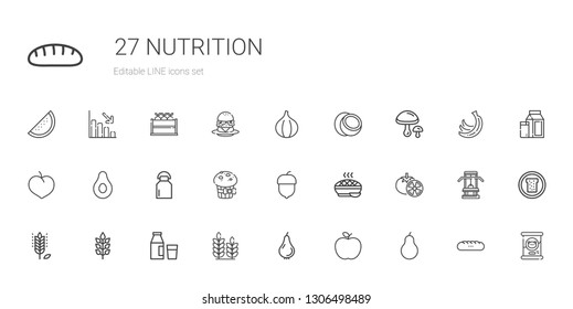 nutrition icons set. Collection of nutrition with pear, apple, wheat, milk, tomatoes, pie, hazelnut, muffin, banana, plum, mushrooms, coconut. Editable and scalable nutrition icons.