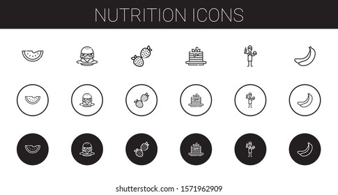 nutrition icons set. Collection of nutrition with watermelon, burger, strawberry, pancakes, burguer, banana. Editable and scalable nutrition icons.