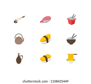 Nutrition icons set. Ebi nigiri and nutrition icons with unagi nigin, sake nigiri and sushi sticks. Set of egg for web app logo UI design.