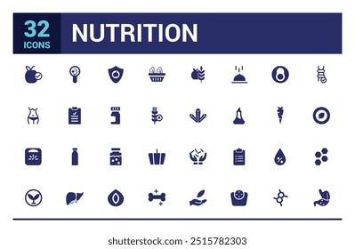 Nutrition icons set. Healthy food and diet vector icons. Solid icon set. Glyph icon for web and ui. Filled icon pack, editable stroke. Vector illustration.