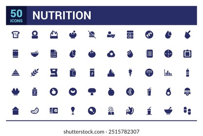 Nutrition icons set. Healthy food and diet vector icons. Solid icon set. Glyph icon for web and ui. Filled icon pack, editable stroke. Vector illustration.