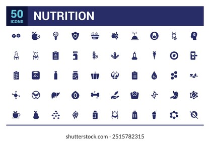 Nutrition icons set. Healthy food and diet vector icons. Solid icon set. Glyph icon for web and ui. Filled icon pack, editable stroke. Vector illustration.