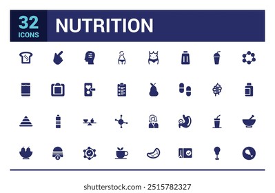 Nutrition icons set. Healthy food and diet vector icons. Solid icon set. Glyph icon for web and ui. Filled icon pack, editable stroke. Vector illustration.