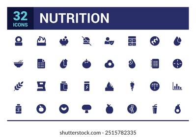 Nutrition icons set. Healthy food and diet vector icons. Solid icon set. Glyph icon for web and ui. Filled icon pack, editable stroke. Vector illustration.